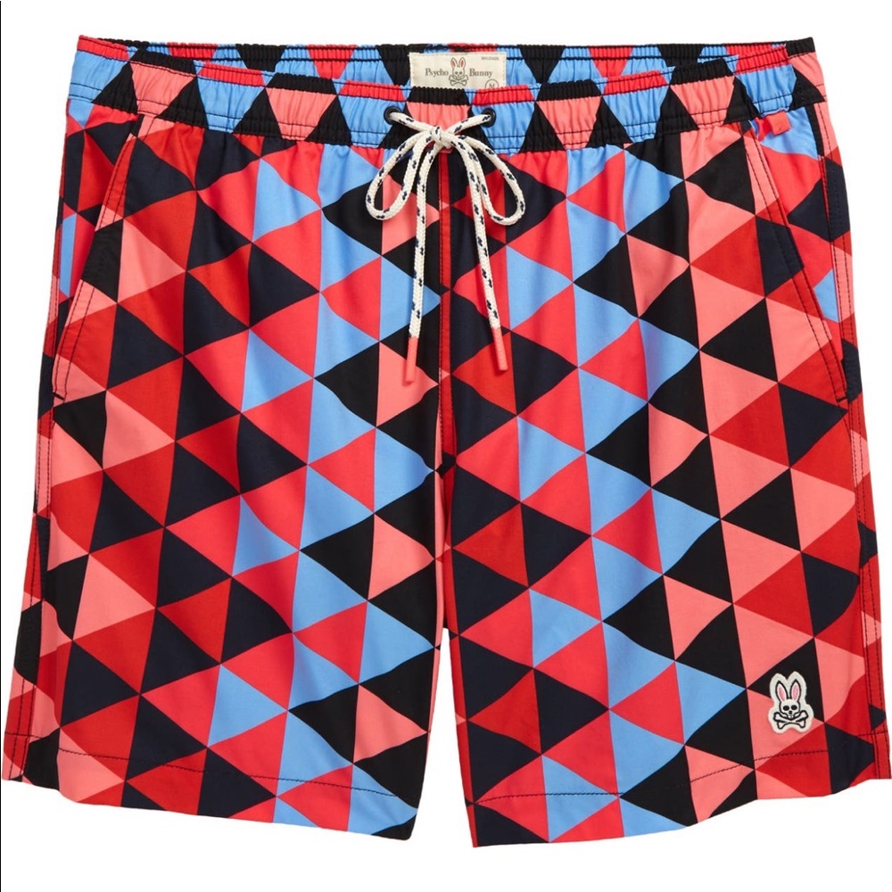 Psycho Bunny Red Blue Black Geometric Swim Trunks